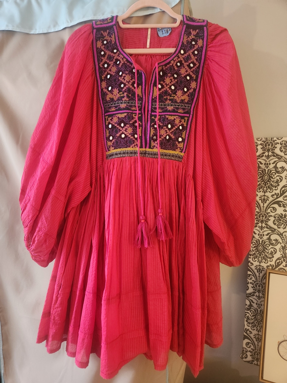 Free People Hot Pink Embroidered Boho Tunic Dress